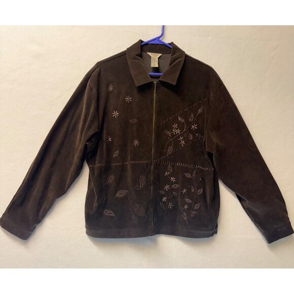 Teddi Jackets & Blazers - Teddi Embroidered Brown Jacket XL Polyester Spandex Zip-Up Floral Decorations